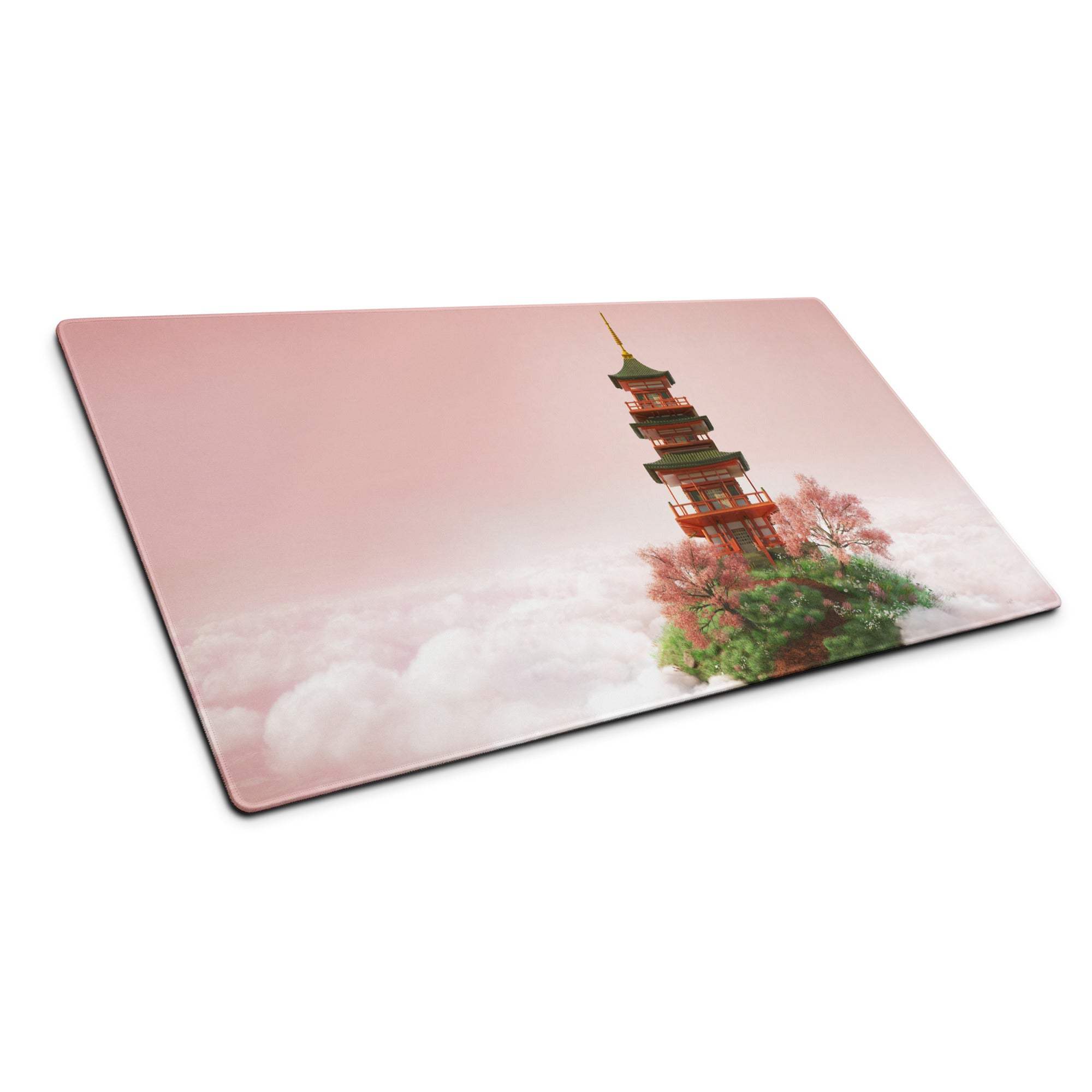 Dreamy pink sky pagoda on clouds large gaming mouse pad