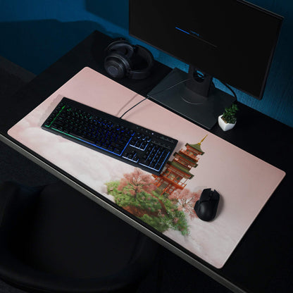 Pink sky pagoda on clouds large gaming mouse pad with cherry blossoms
