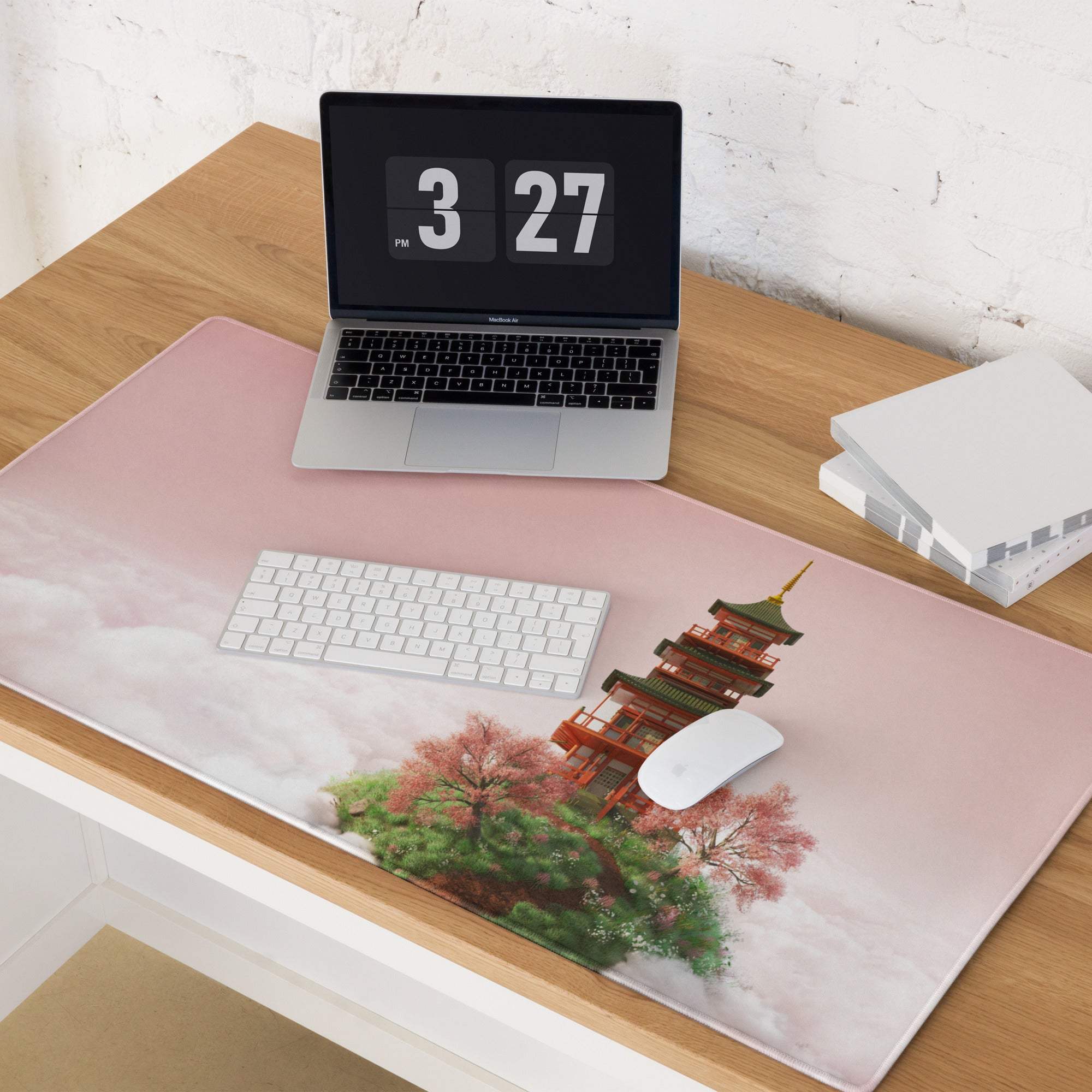 Pink pagoda on clouds gaming mouse pad with stitched edges