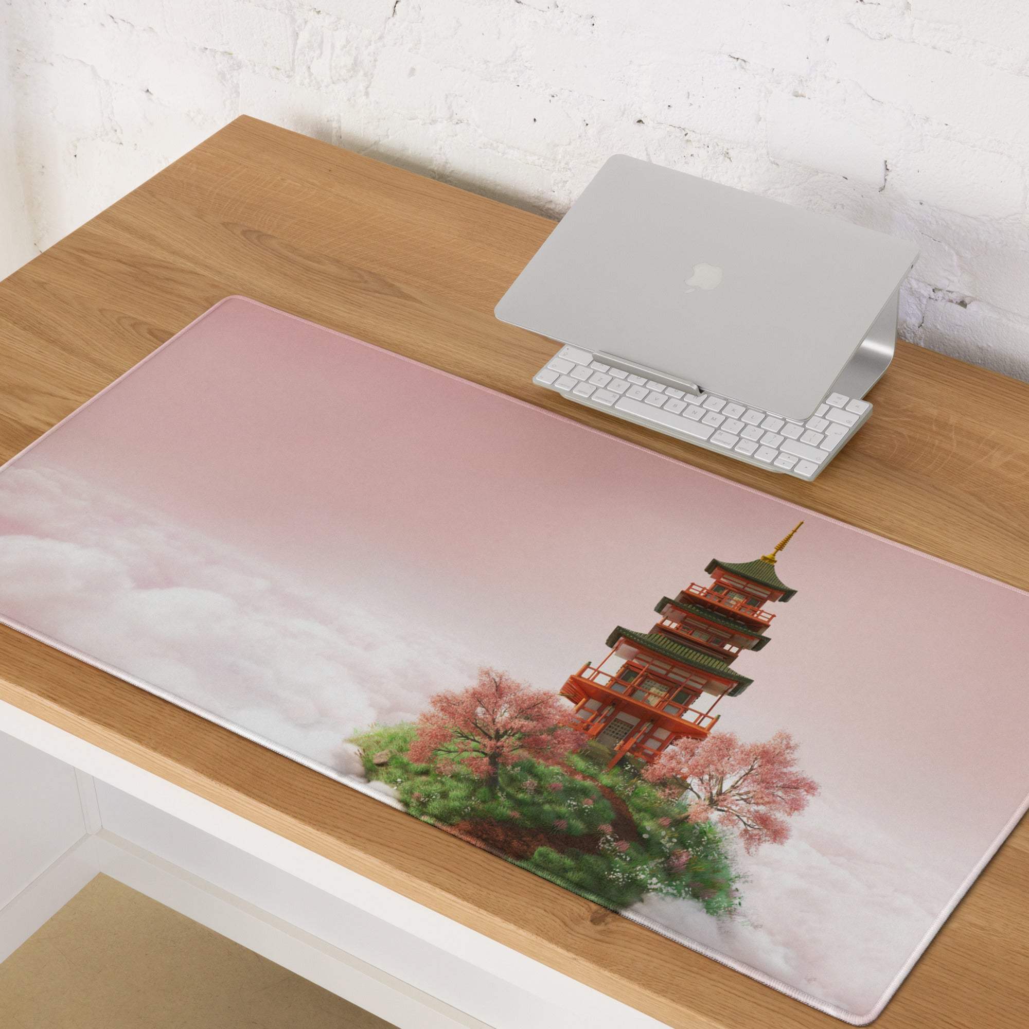 Pink pagoda on clouds gaming mouse pad with non-slip backing