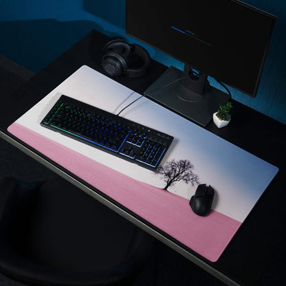 Large pastel pink gradient landscape gaming mouse pad with tree silhouette