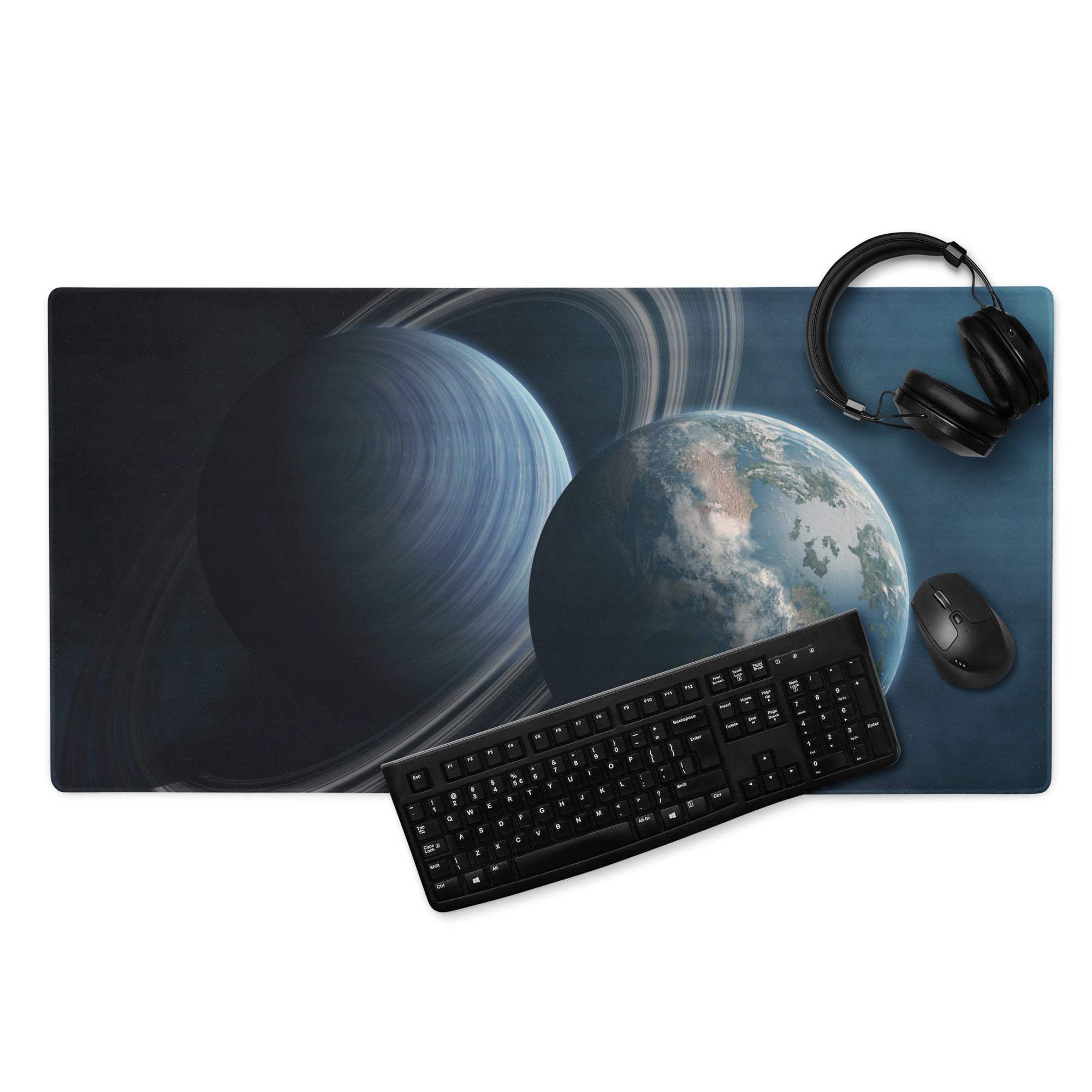 Large cosmic gaming mouse pad with Saturn, Earth on deep blue space backdrop