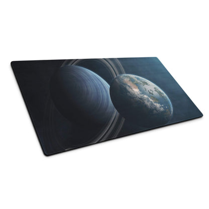 Black rectangular gaming mousepad with Saturn Earth space design