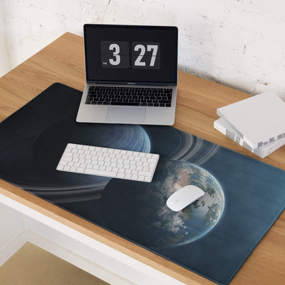 Black space gaming mouse pad with Earth Saturn rings non-slip base stitching