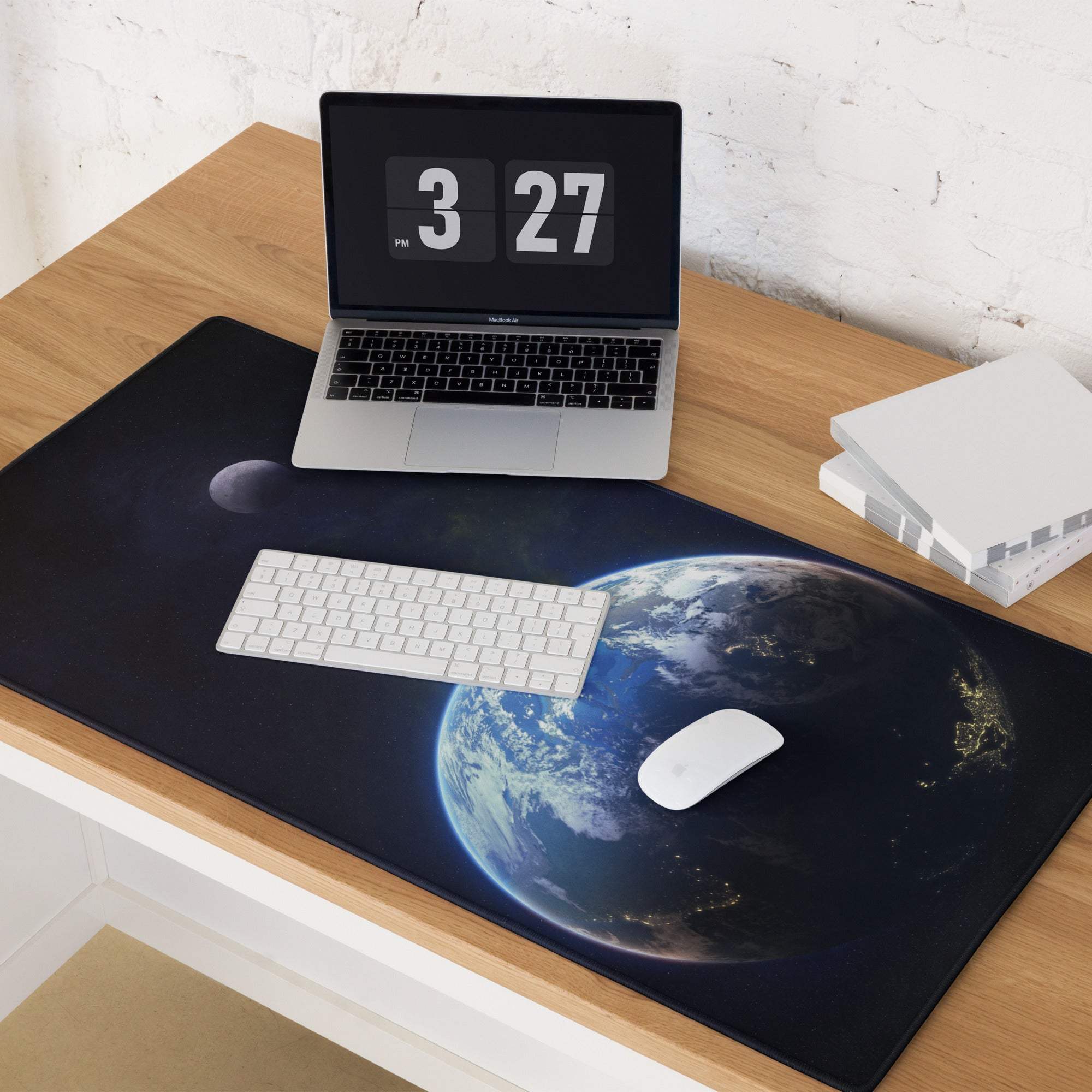 Epic space-themed gaming mousepad with Earth city lights and moon
