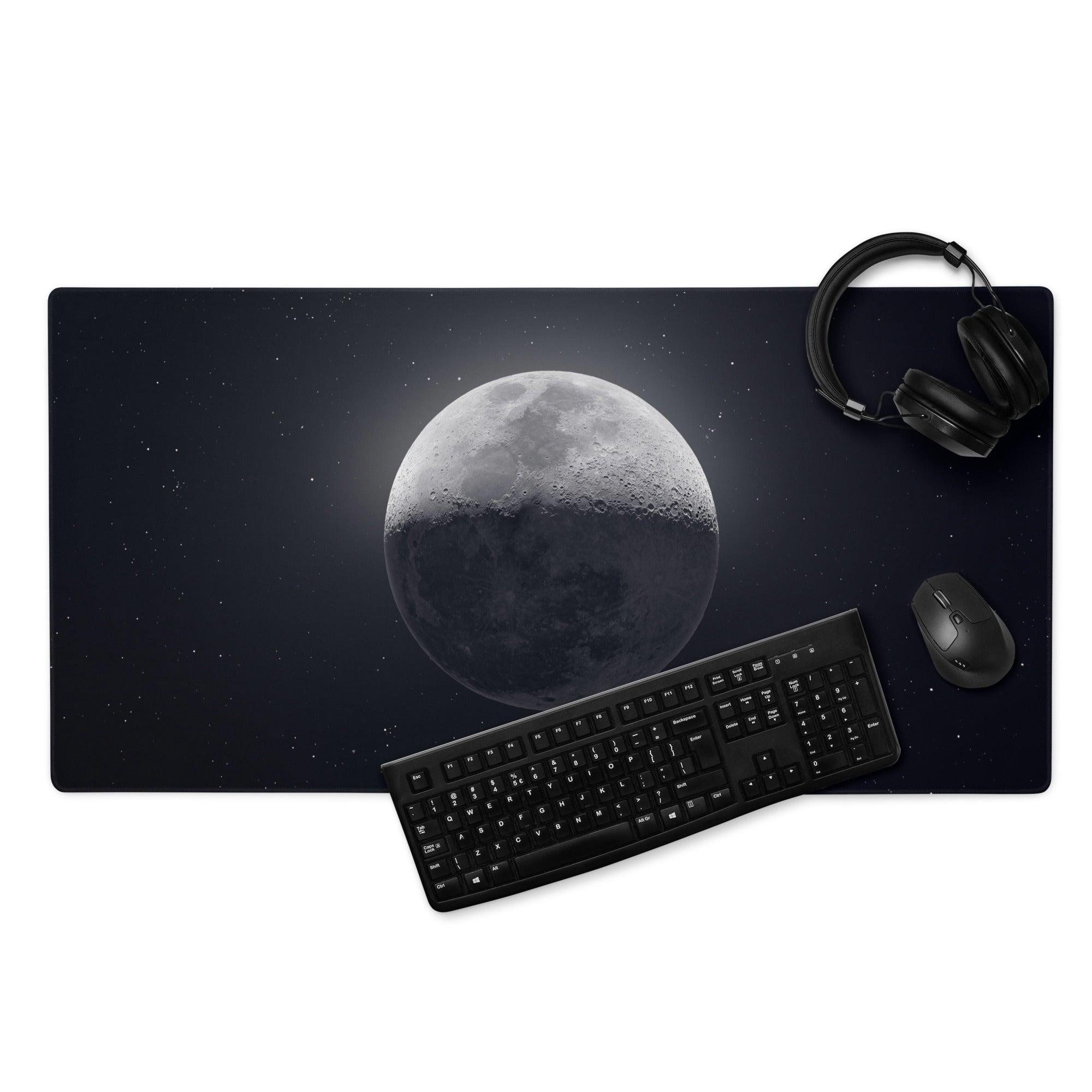 Large black gaming mousepad with grayscale moon and starry sky design
