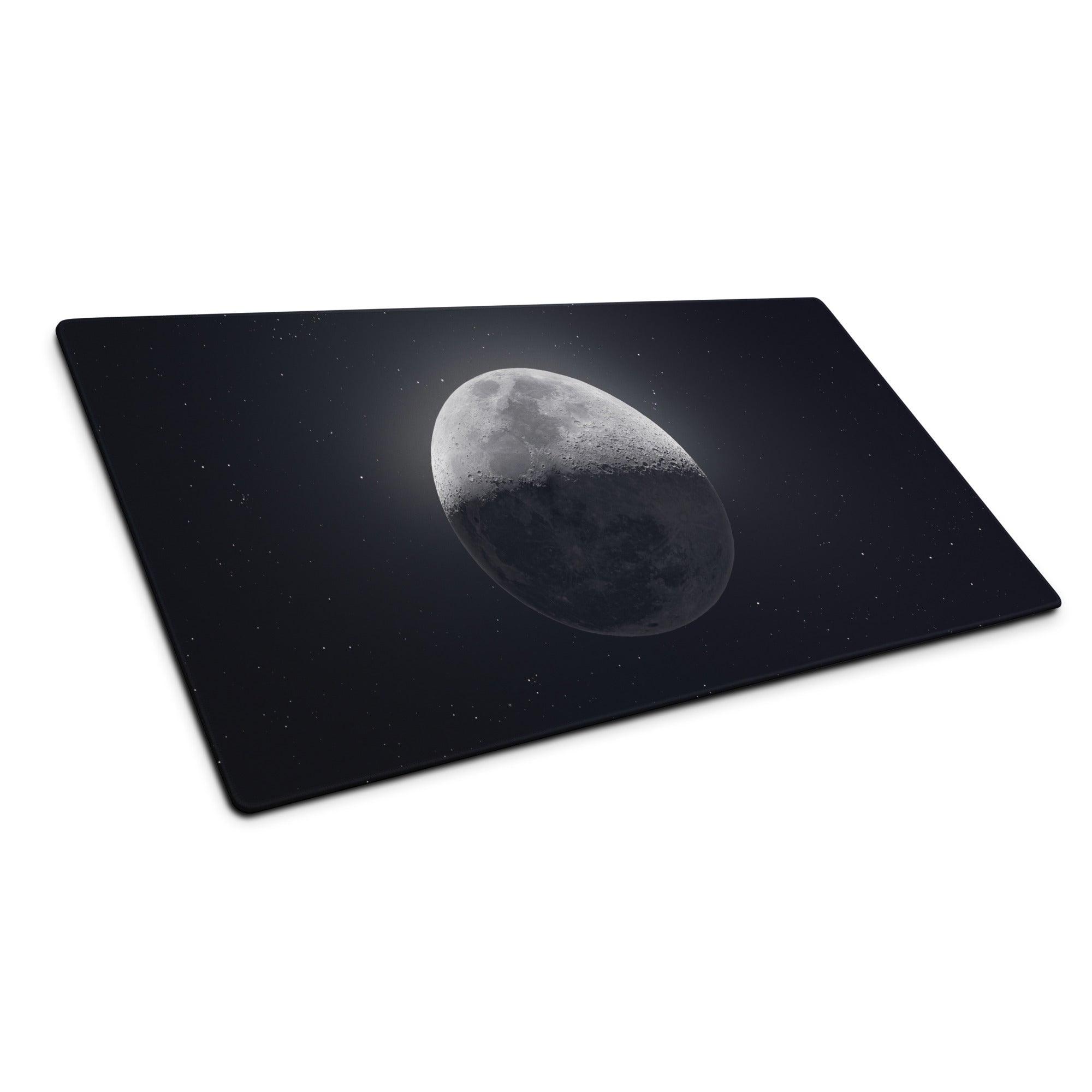 Black rectangular cutting board with grayscale moon and starry sky print