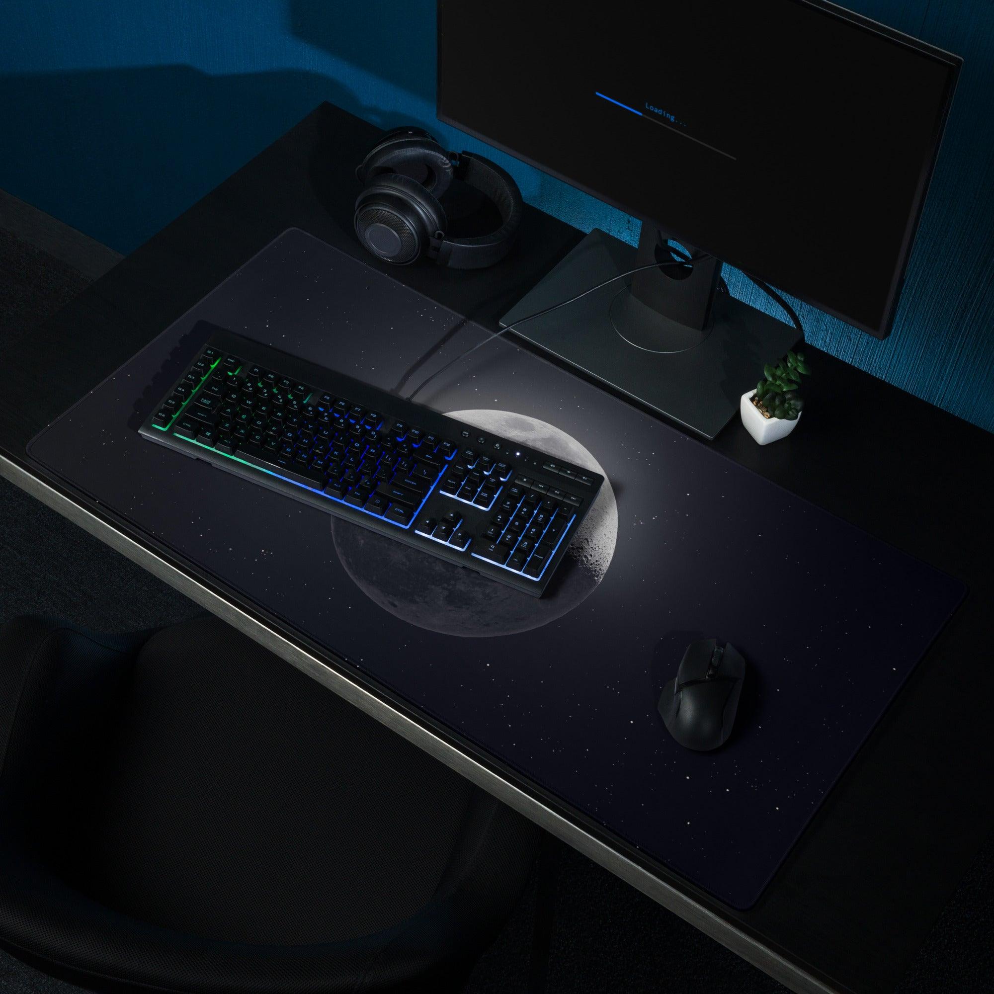 Large black gaming mousepad with celestial moon and star pattern, non-slip backing