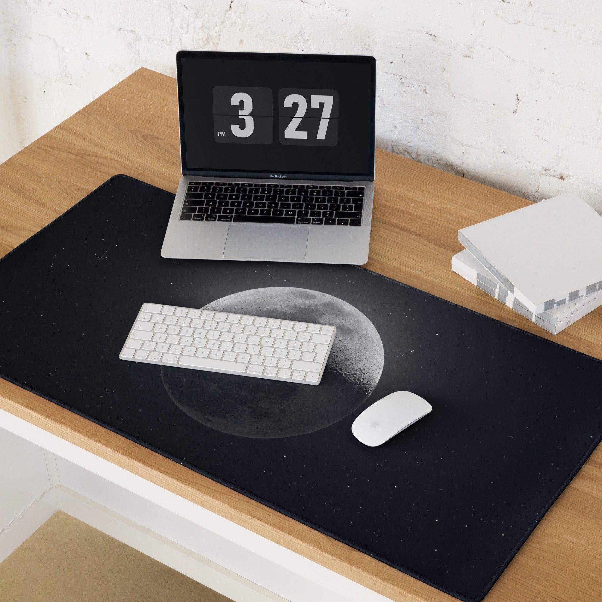 Black moon stars desk mat grayscale lunar surface gaming mouse pad
