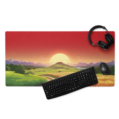 Vibrant sunset landscape gaming mouse pad with hills, mountains, large surface