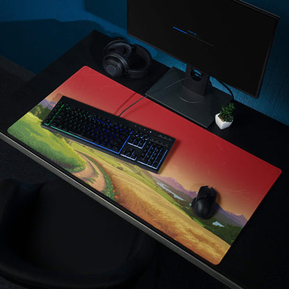 Vibrant sunset landscape gaming mouse pad with large surface, stitched edges, non-slip base