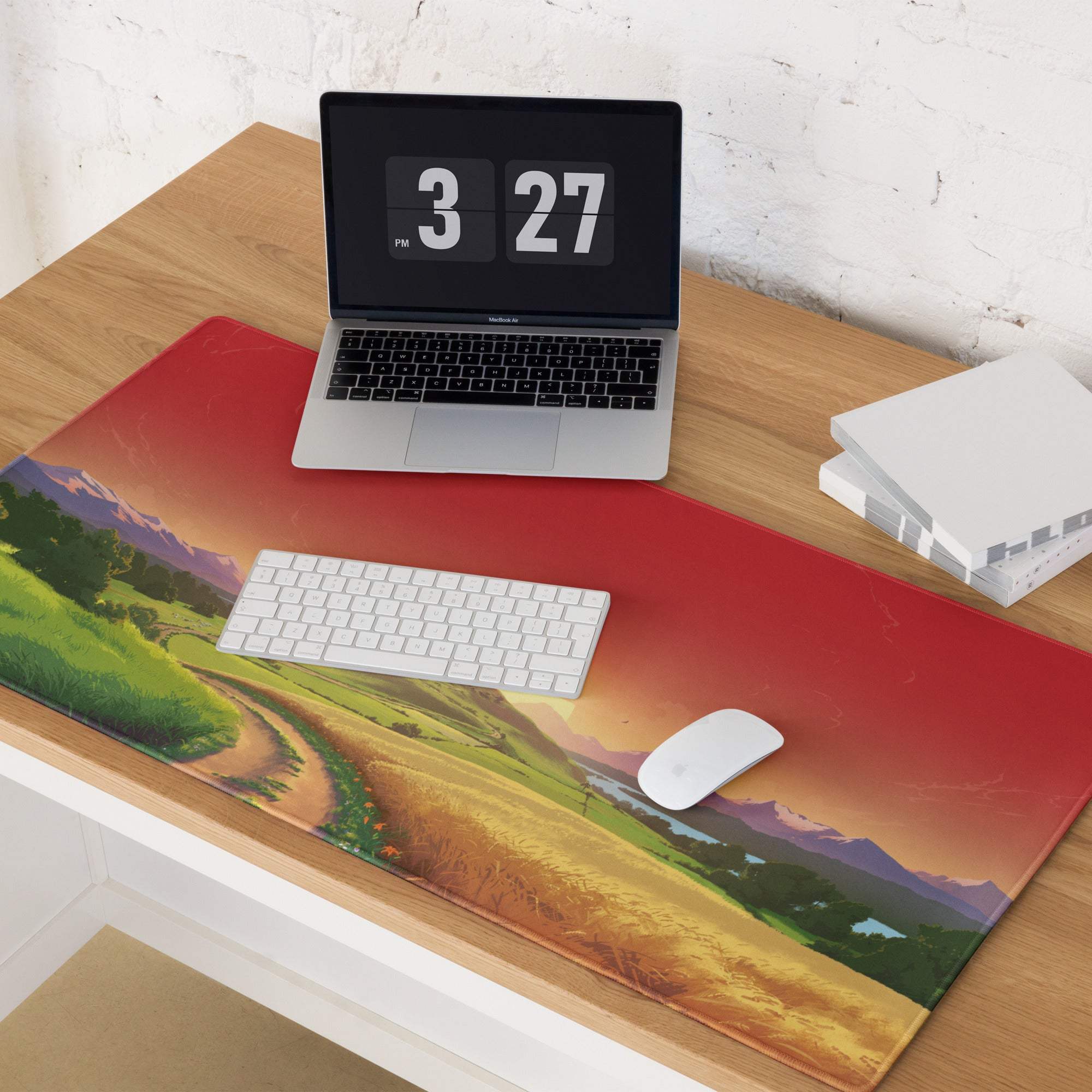 Vibrant red sunset landscape gaming mouse pad with hills, paths, mountains