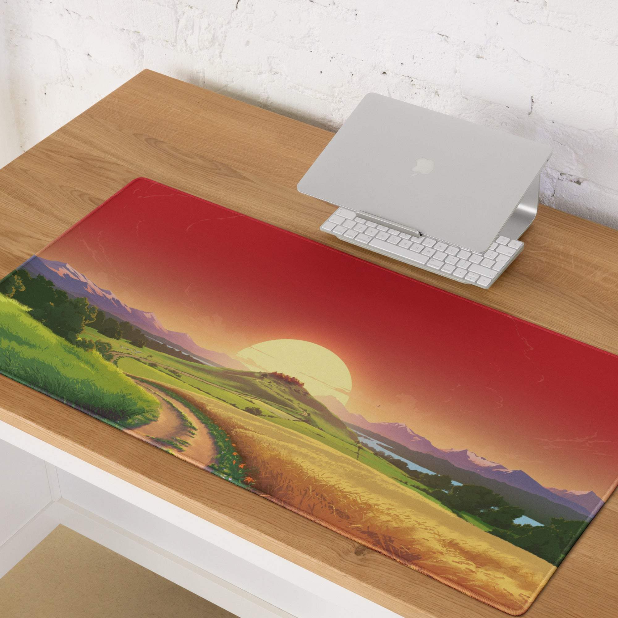 Vibrant sunset landscape gaming mouse pad with red golden hills path