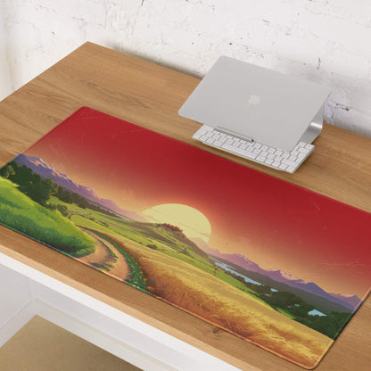 Vibrant sunset landscape gaming mouse pad with red golden hills path