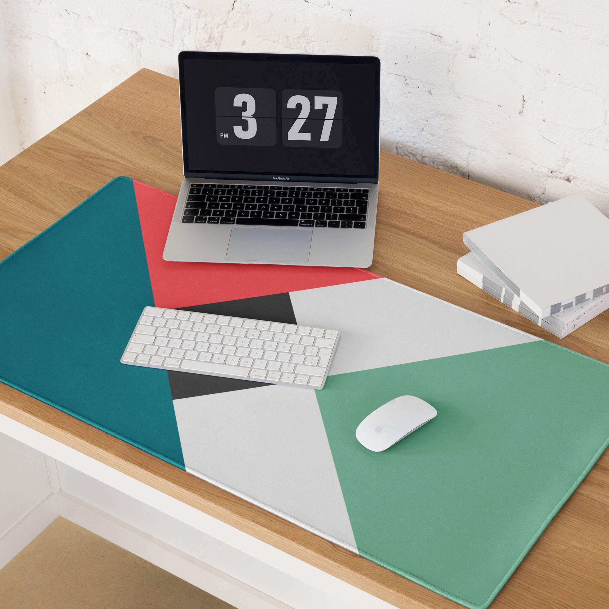 Geometric teal coral mint gaming mouse pad with non-slip stitching