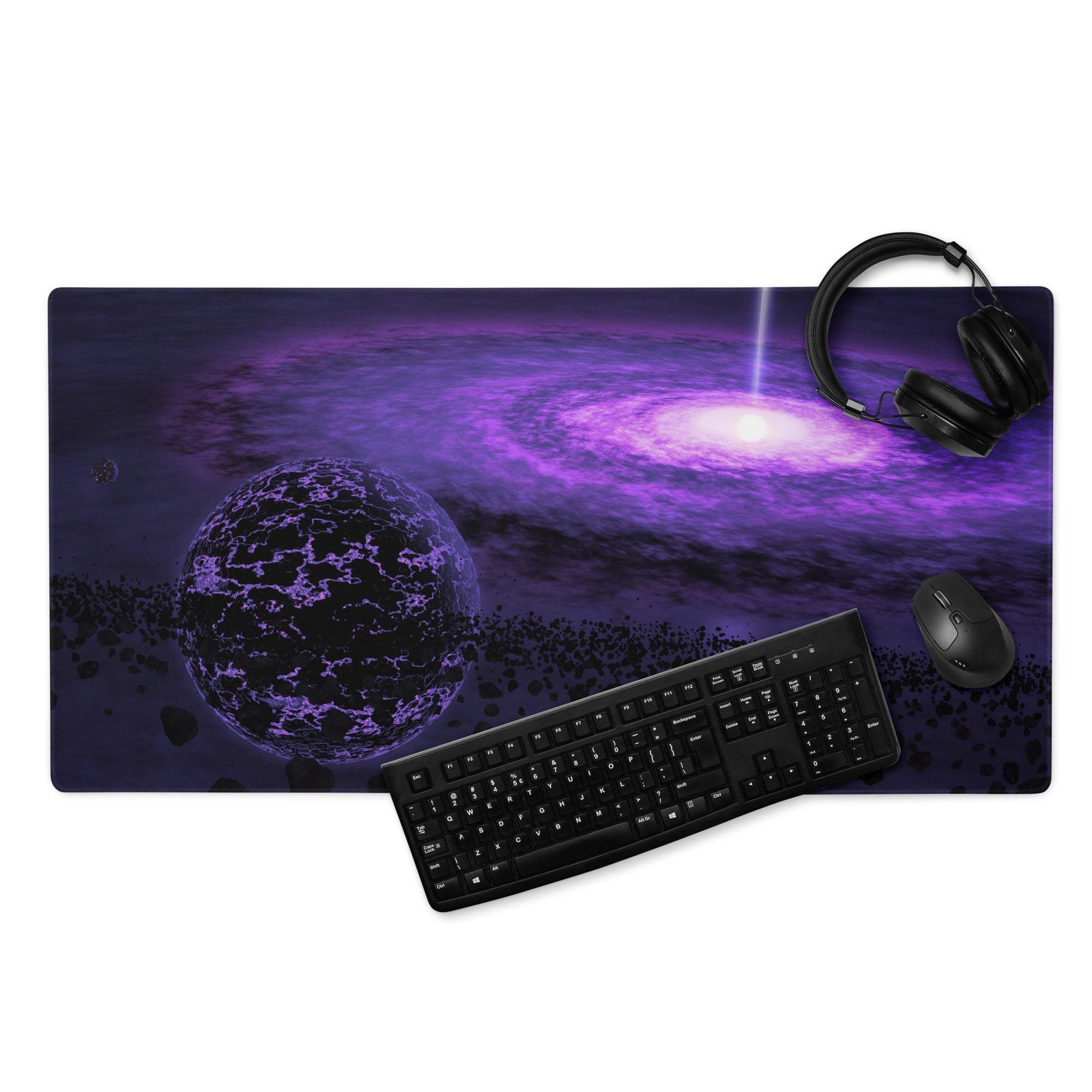 Purple galaxy gaming mousepad with glowing nebula spiral and textured planet