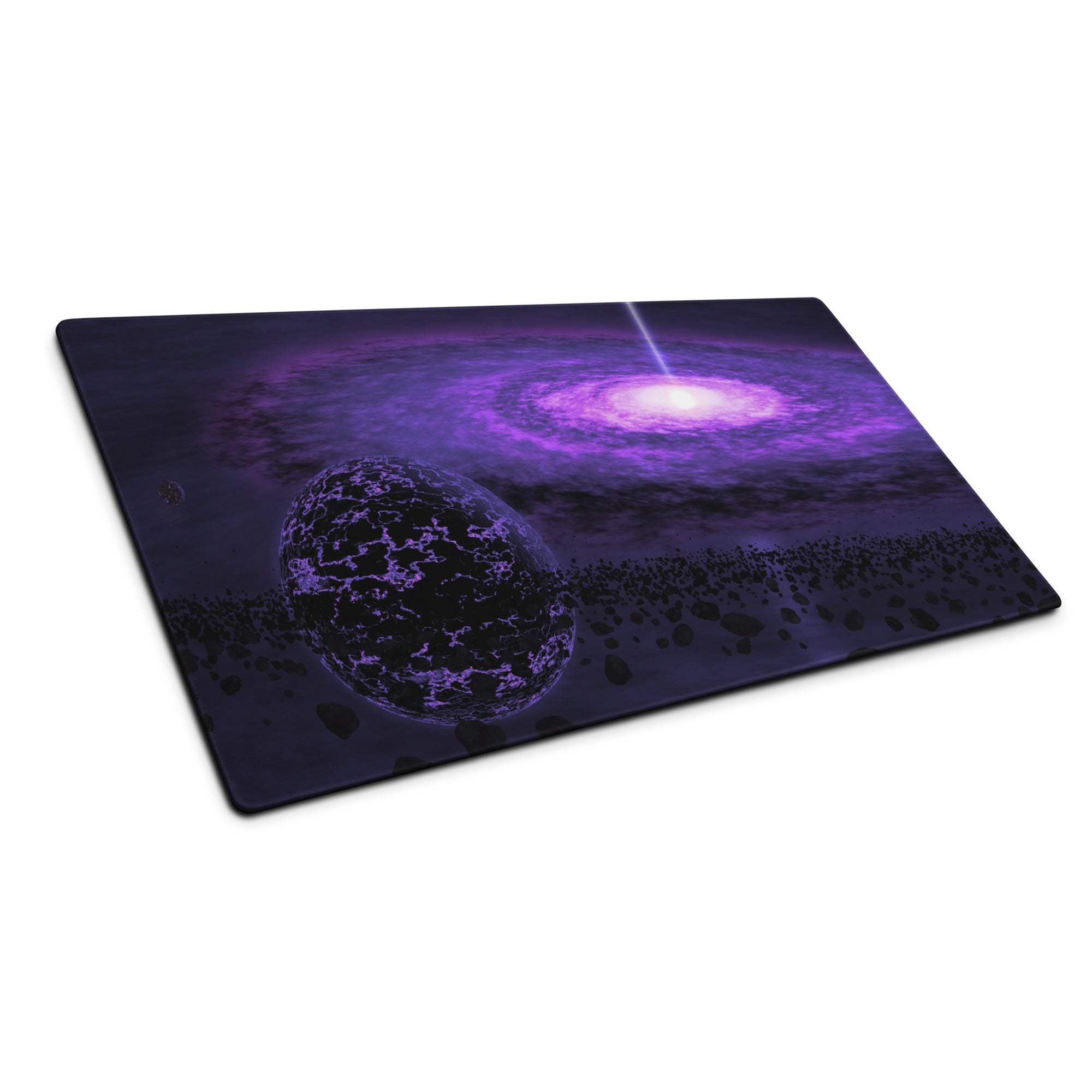 Purple galaxy glass cutting board with nebula and cracked planet design
