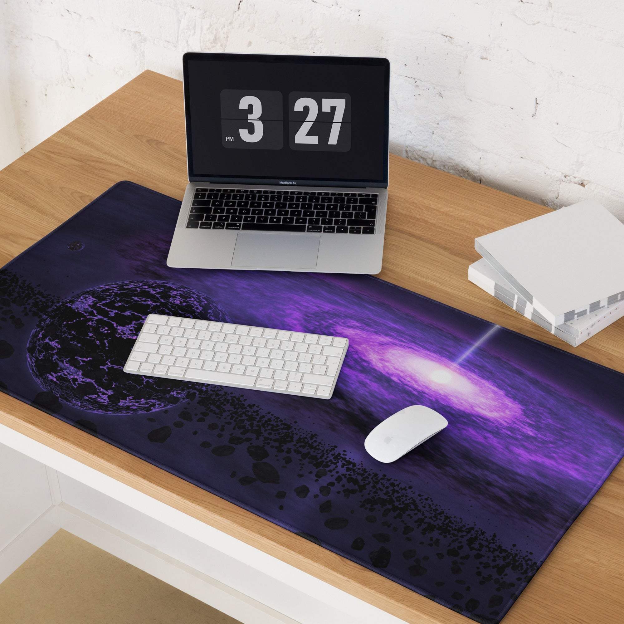Purple galaxy cosmic gaming mouse pad with non-slip base and stitched edges