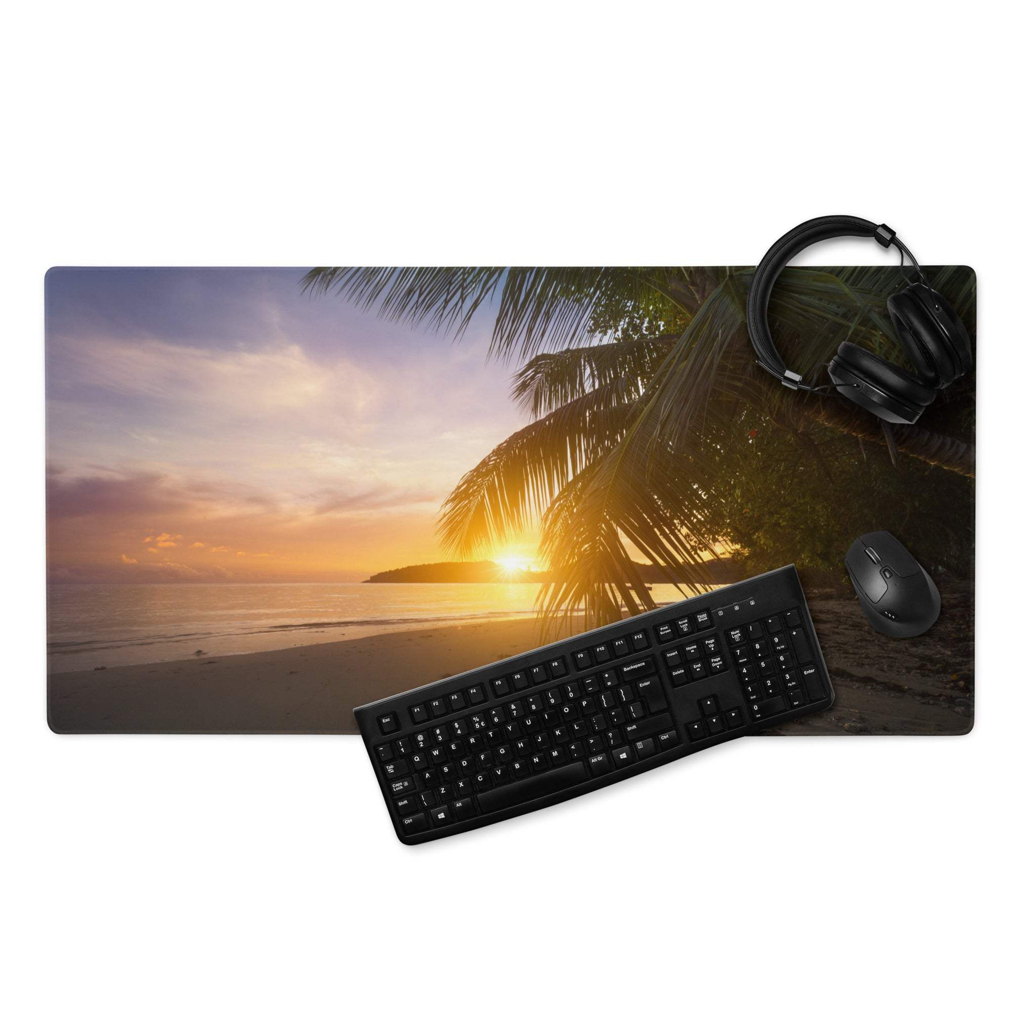 Large tropical sunset beach gaming mouse pad with golden hour sky, palm trees, ocean, non-slip base