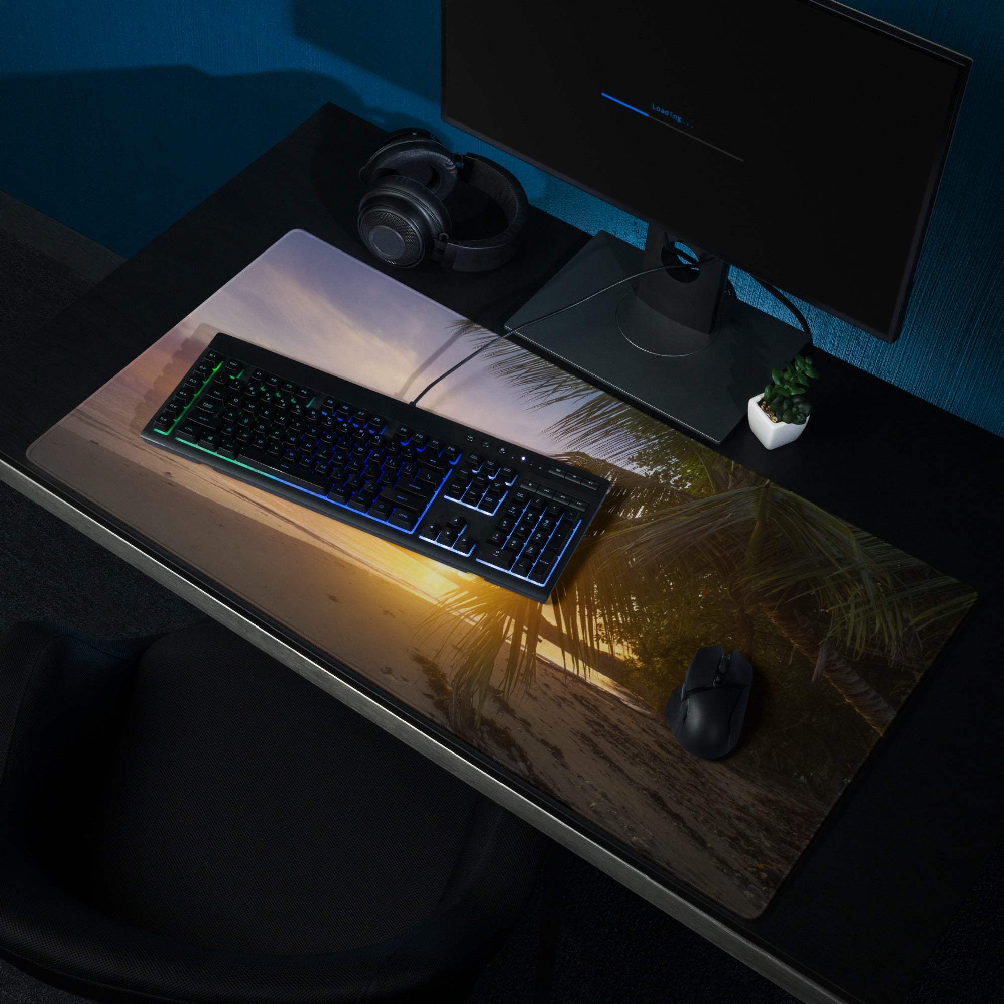 Large tropical sunset beach gaming mouse pad with palm silhouettes