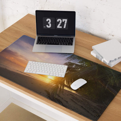 Large tropical sunset beach gaming mouse pad with palm trees, golden hour sky, non-slip base