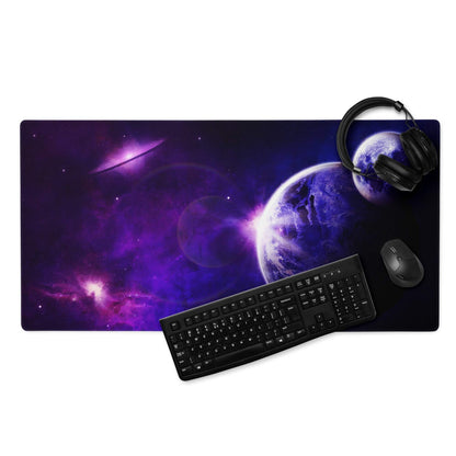 Purple galaxy gaming mousepad with cosmic nebulae planets stars non-slip base