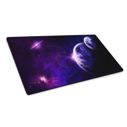 Purple cosmic nebula gaming mousepad with planets, glossy finish, non-slip base