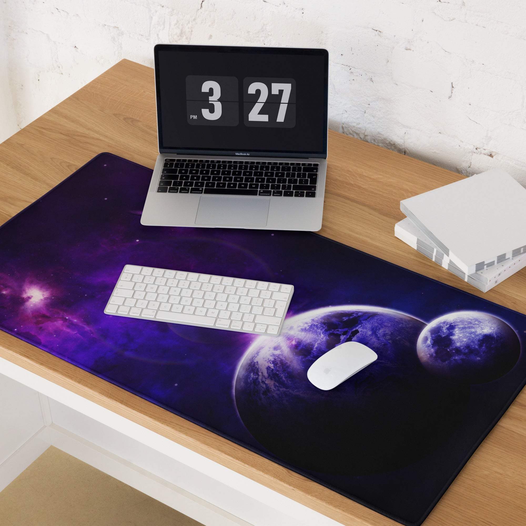 Purple galaxy mousepad with planets nebulae non-slip base stitching