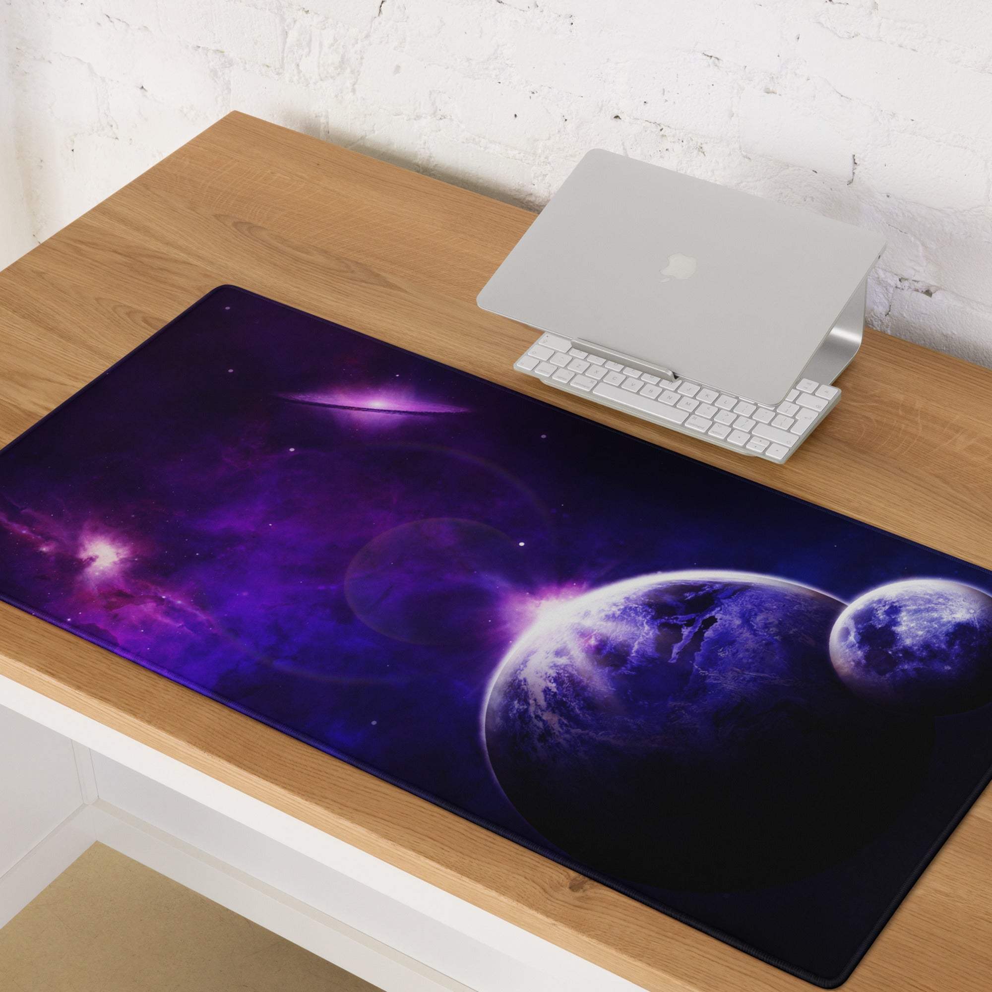 Purple galaxy mousepad with nebulae, planets, non-slip base, stitched edges