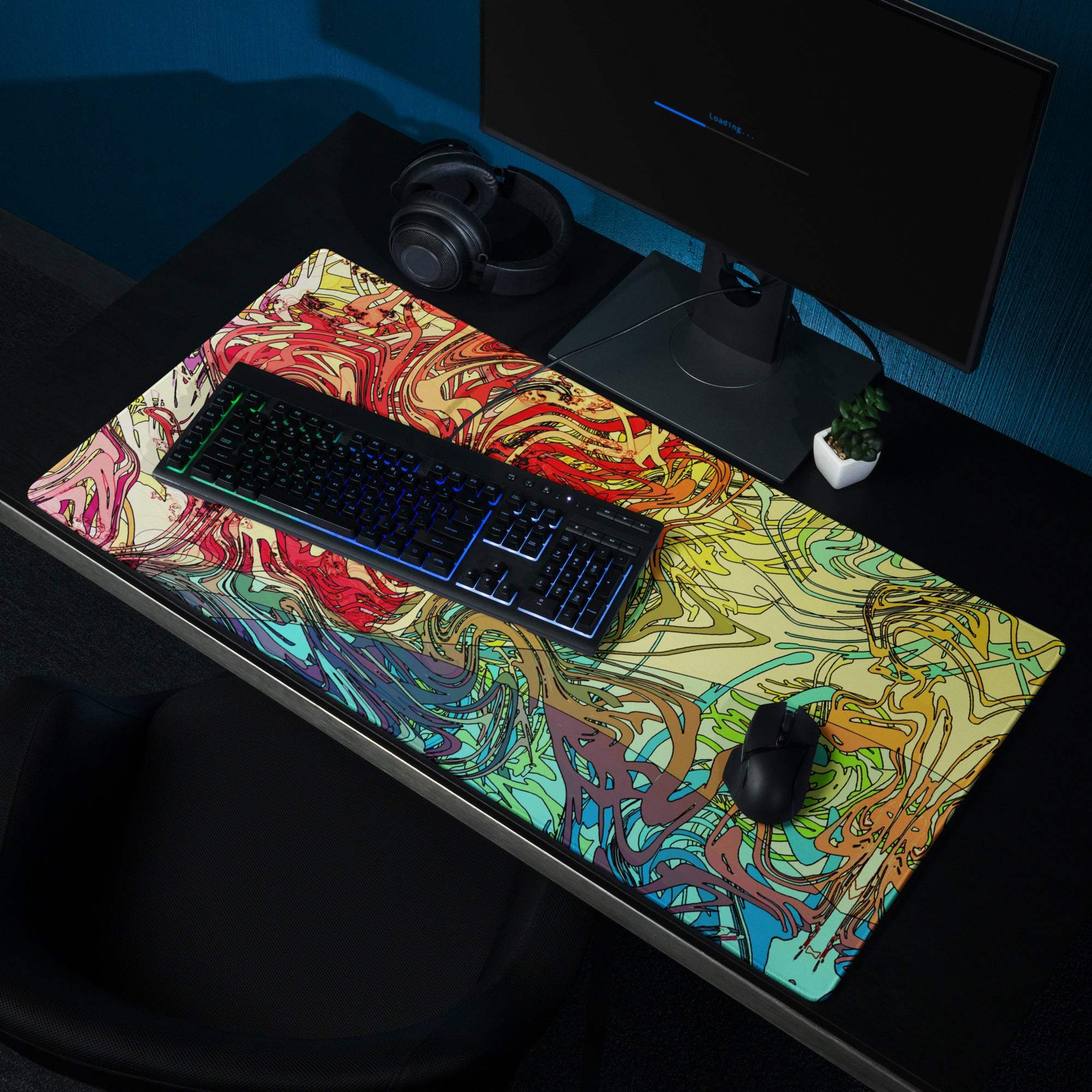 Vibrant abstract swirl colorful gaming mouse pad with large non-slip base