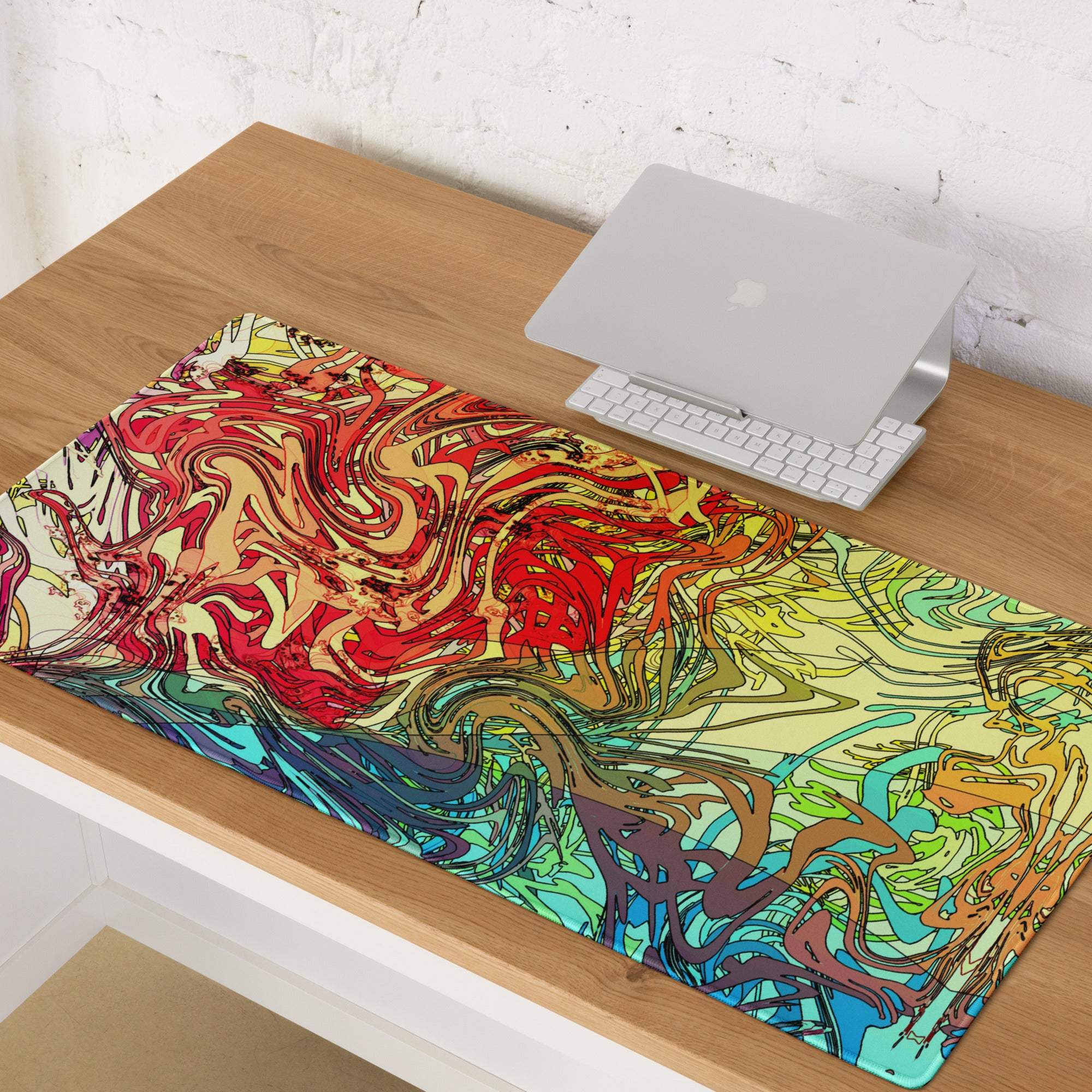 Vibrant abstract swirls in red, yellow, teal, brown on large gaming mouse pad