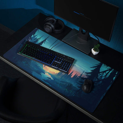 Forest sunset gaming mouse pad with large size, non-slip backing, vibrant dusk forest design