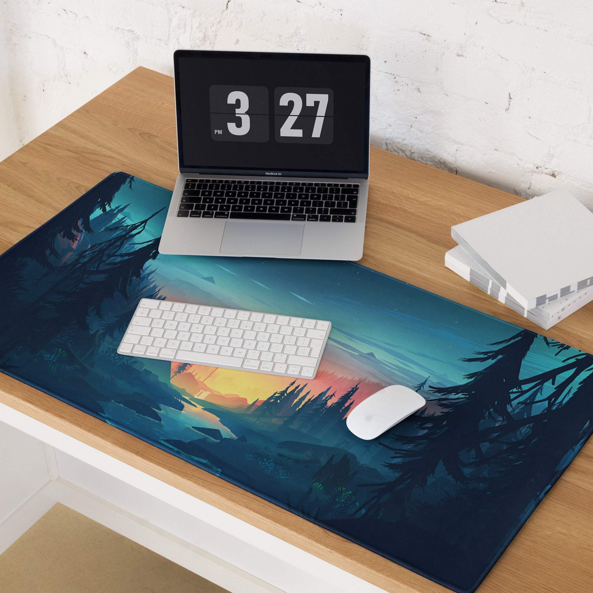 Blue forest gaming mousepad with sunset gradient sky, silhouetted trees, large size, non-slip backing