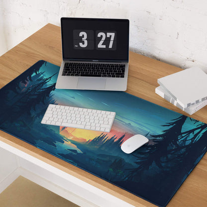 Blue forest gaming mousepad with sunset gradient sky, silhouetted trees, large size, non-slip backing