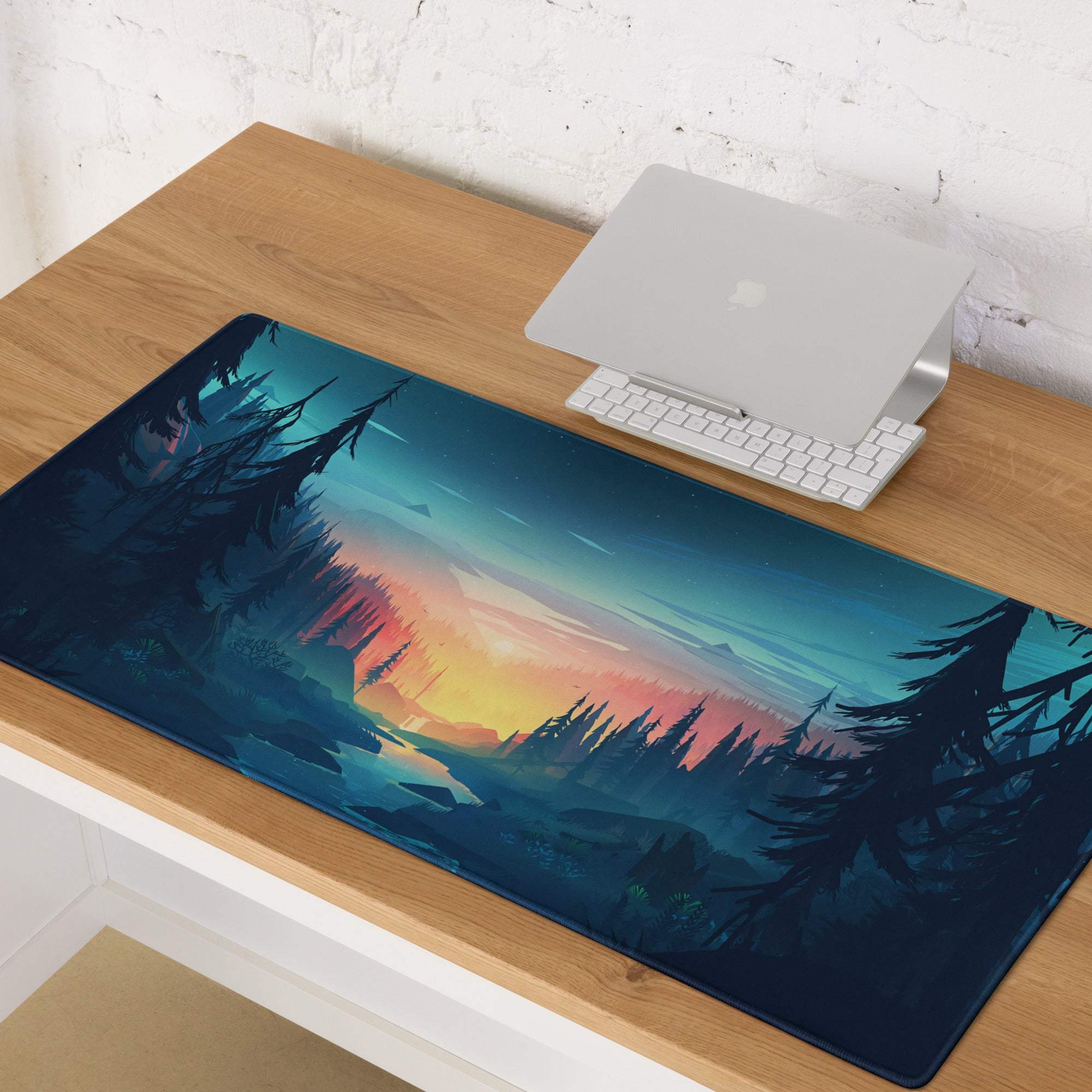 Forest sunset palette gaming mouse pad with vibrant colors and non-slip backing
