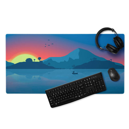 Large Calm Coastal Sunset mouse pad with mountains, water, birds, boat