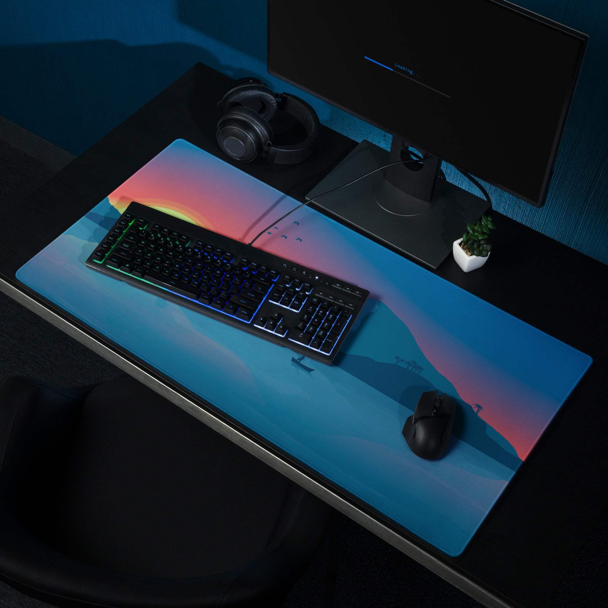 Calm Coastal Sunset large gaming mouse pad with vibrant gradient mountains