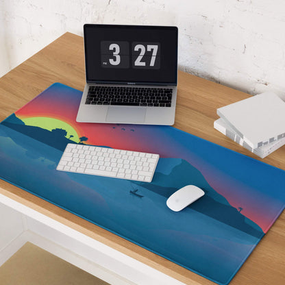 Calm coastal sunset gaming mouse pad with blue pink mountains palms plane