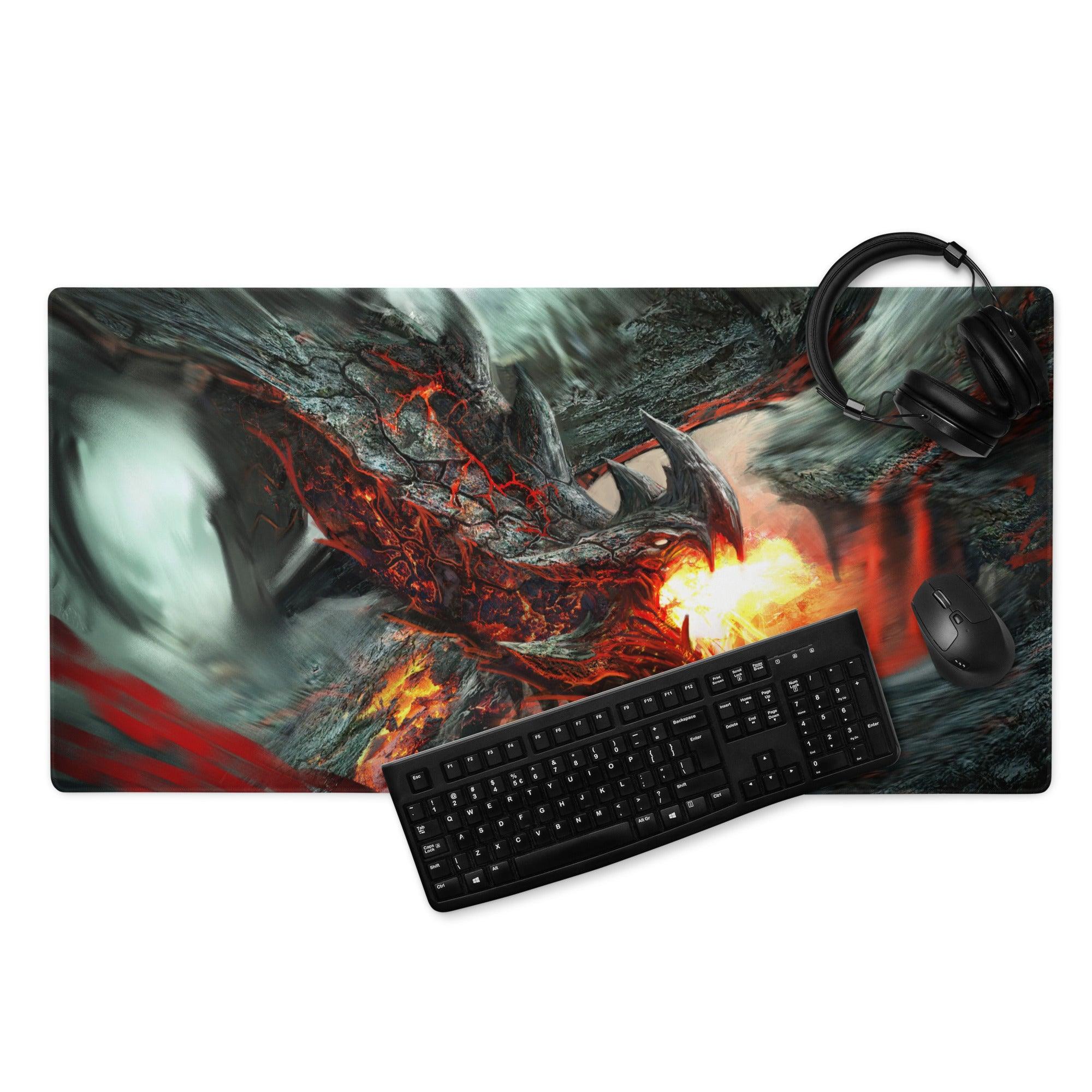 Volcanic Dragon Fury gaming mouse pad with fiery red gray dragon on smoky background