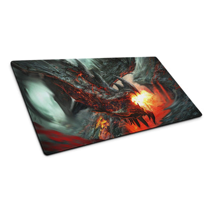 Volcanic Dragon Fury gaming mouse pad with fiery dragon and stormy skies