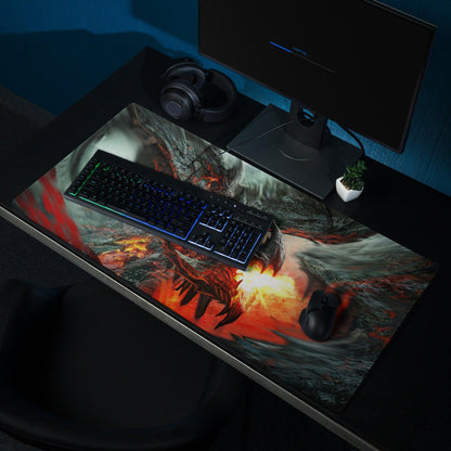 Vibrant red black dragon breathing fire on Volcanic Dragon Fury gaming mousepad