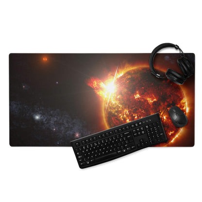 Cosmic Solar Flare gaming mouse pad with fiery sun on cosmic background