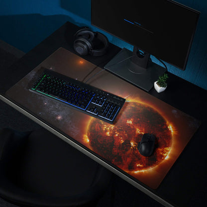 Cosmic Solar Flare gaming mouse pad with fiery sun on cosmic background