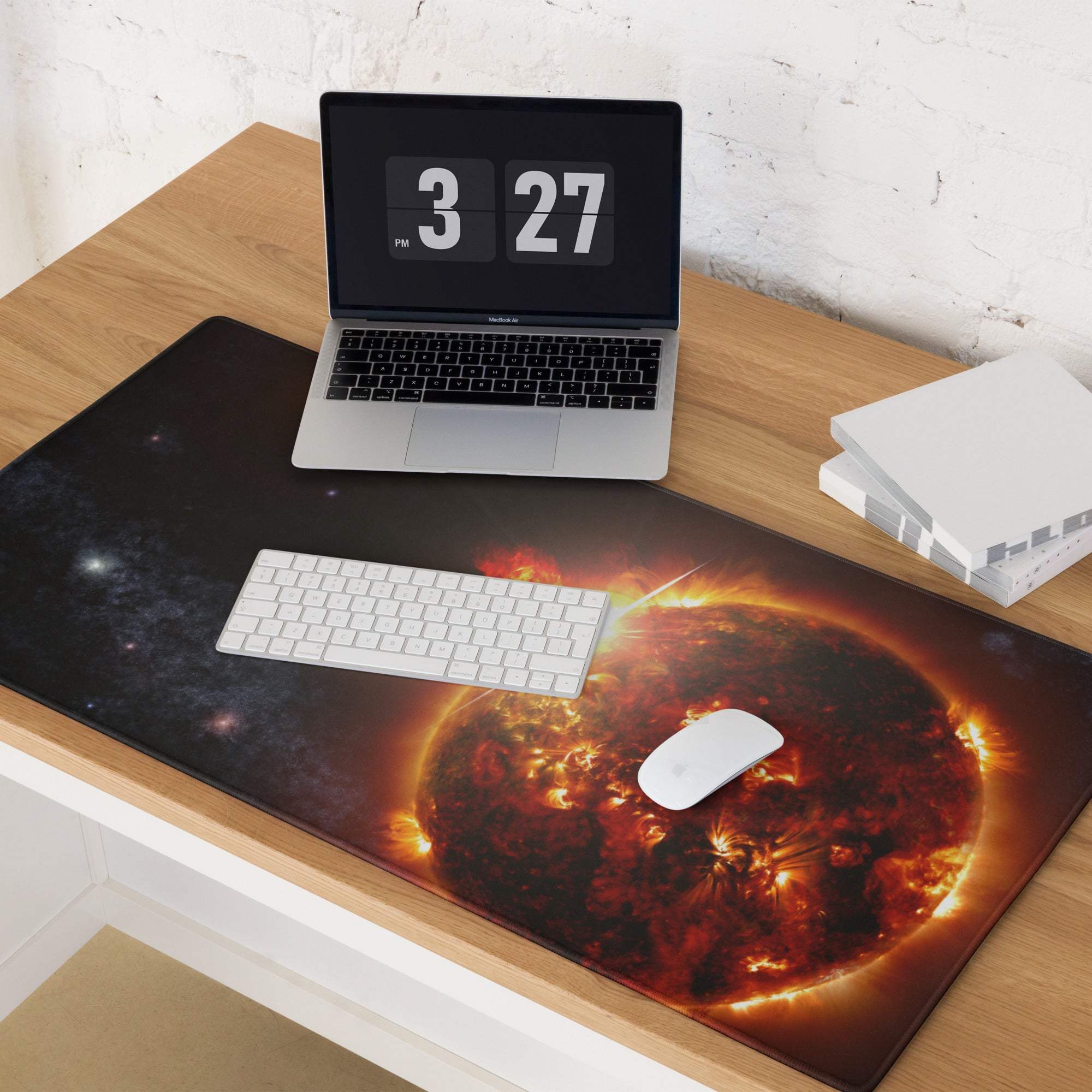 Vibrant fiery sun on black Cosmic Solar Flare gaming mousepad