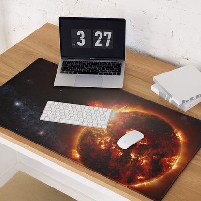 Vibrant fiery sun on black Cosmic Solar Flare gaming mousepad