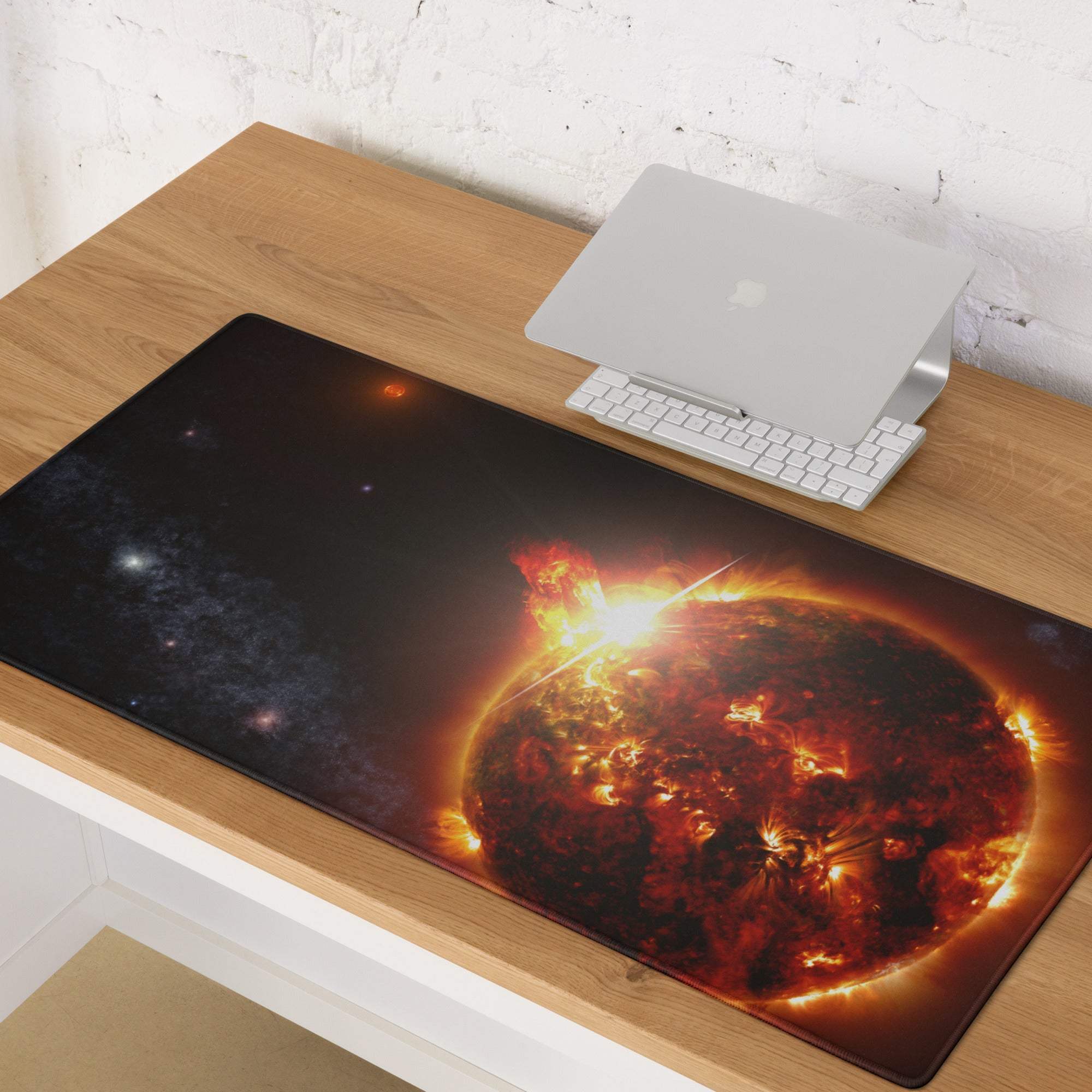 Cosmic Solar Flare gaming mouse pad with vivid sun on cosmic background