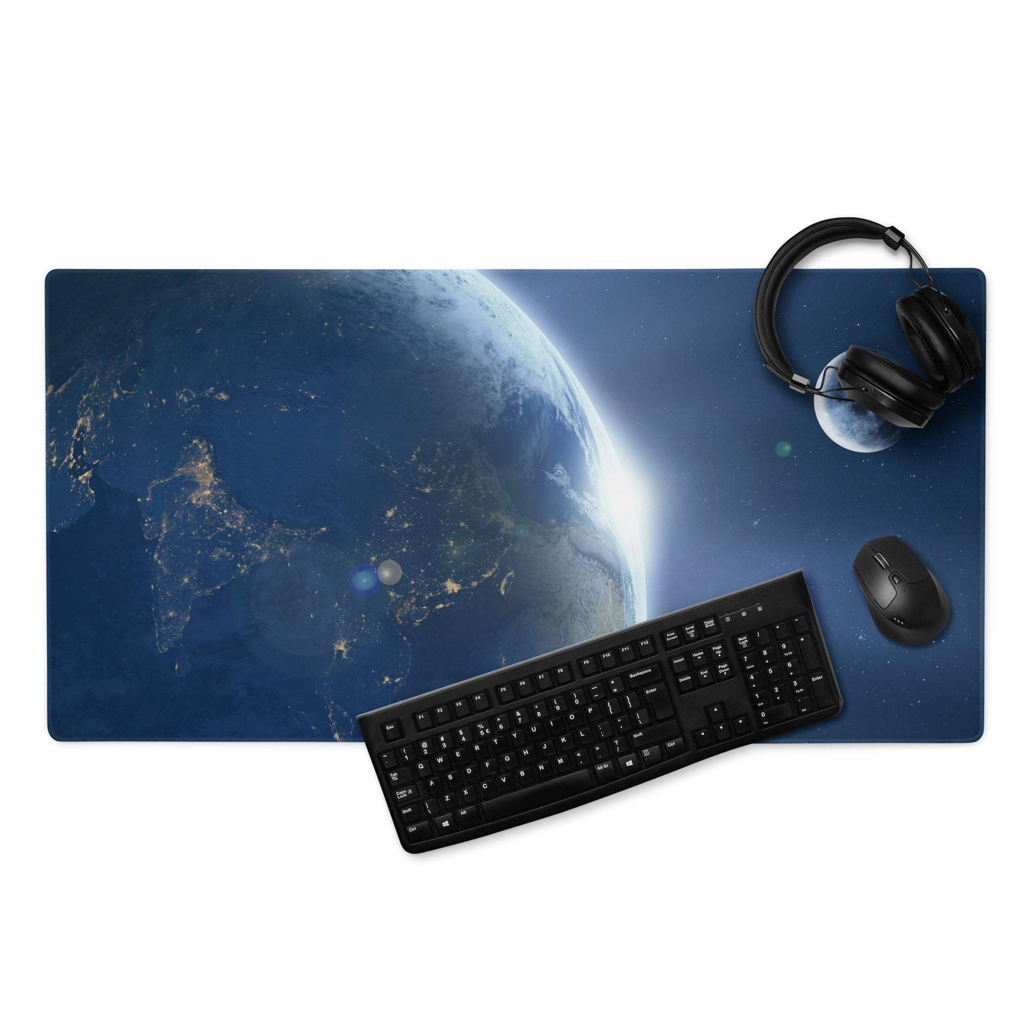 Cosmic deep blue space gaming mouse pad with Earth city lights large non-slip