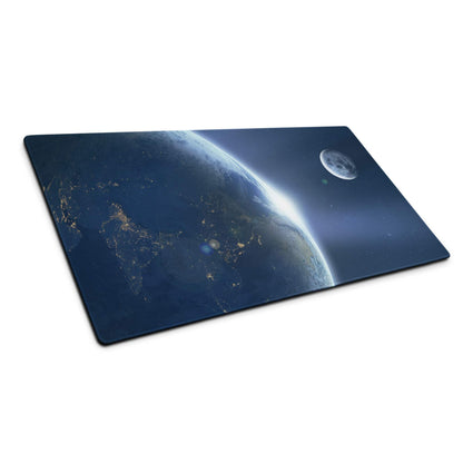 Cosmic space gaming mouse pad with Earth cities, moon, deep blue non-slip base