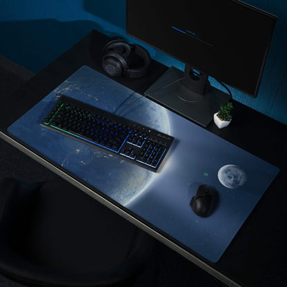 Blue cosmic gaming mouse pad with Earth curve, moon, stars, non-slip base
