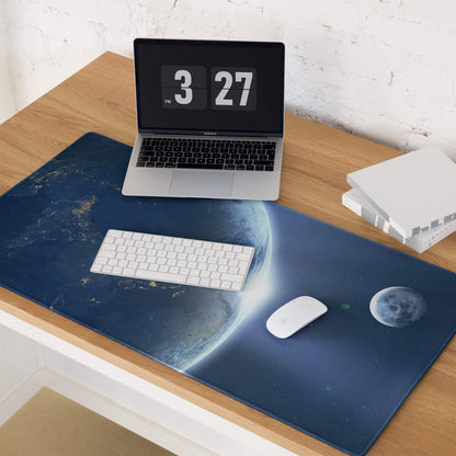Blue cosmic space gaming mousepad with Earth moon starry backdrop